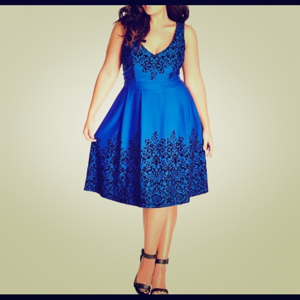 City Chic Border Flocked Fit & Flare Dress